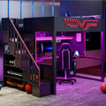 Vollständiges Gaming-Hochbett mit Schreibtisch und LED-Beleuchtung, großes Hochbett aus Holz mit Treppe und Stauraumtreppe sowie USB-Anschluss, Rot+Schwarz