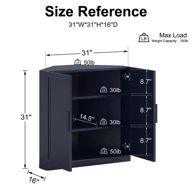 Dovelina Eckschrank mit verstellbaren Einlegeböden, Anrichte, Buffet, Weinschrank, Küchen- und Esszimmerschrank mit Holztüren – 31H x 31W, 36H x 31W