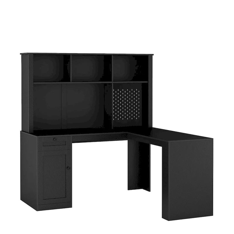 L-förmiger Schreibtisch mit Steckdose, Computertisch mit Schubladen, Regal & Aufsatz, Moderner Eckschreibtisch, Home-Office-Schreibtisch