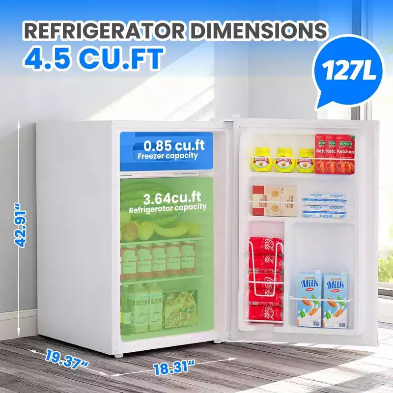 4.5 Cu.Ft Minikühlschrank mit Gefrierfach, Kompakter Kühlschrank mit wechselbarem Türanschlag, verstellbarem Thermostat, energieeffizient, kleiner Kühlschrank