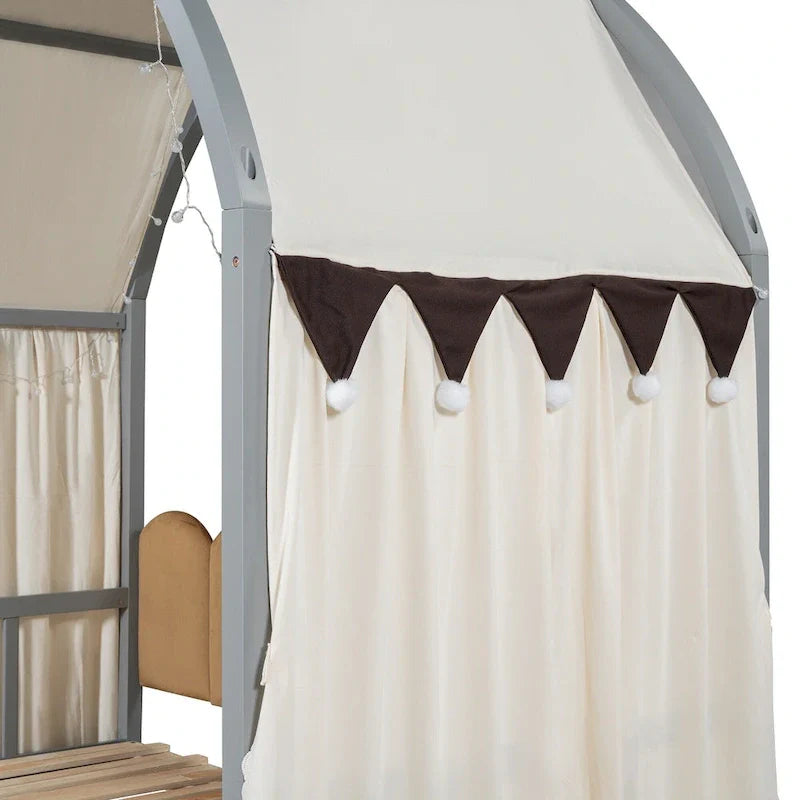 Massivholz-Spielhaus-Plattformbett, Montessori-Bettrahmen mit gewölbtem Dach und Ausziehbett für Mädchen und Jungen