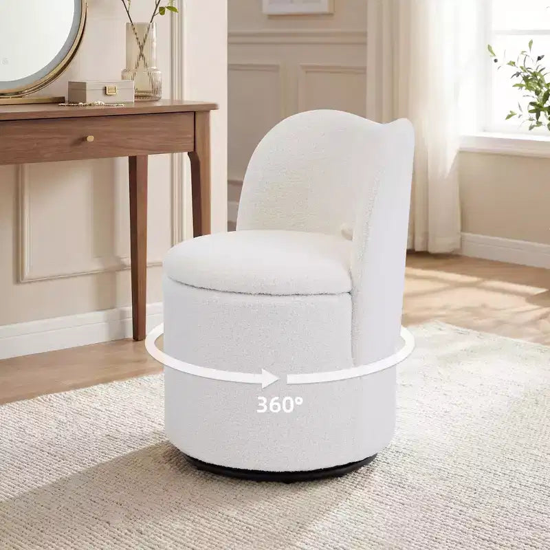 Drehbarer Schminkstuhl mit Stauraum, gepolsterter runder Make-up-Hocker mit Rückenlehne, weich gepolsterter Fass-Akzent-Sessel für Schlafzimmer und Wohnzimmer