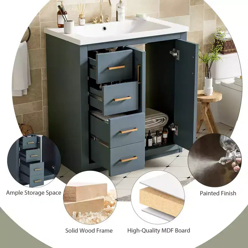 30 Zoll Einzelwaschtisch-Badschrank mit Unterschrank und 3 Schubladen – Schwarz / Blau / Grün / Indigo / Weiß