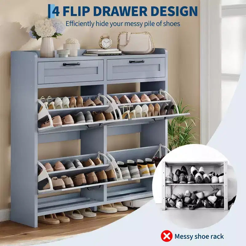 Schuhschrank mit 4 Klappfächern und 2 oberen Schubladen, Schuh-Organizer-Schrank aus Holz mit verstellbarem Regal, freistehende Schuhaufbewahrungsschränke