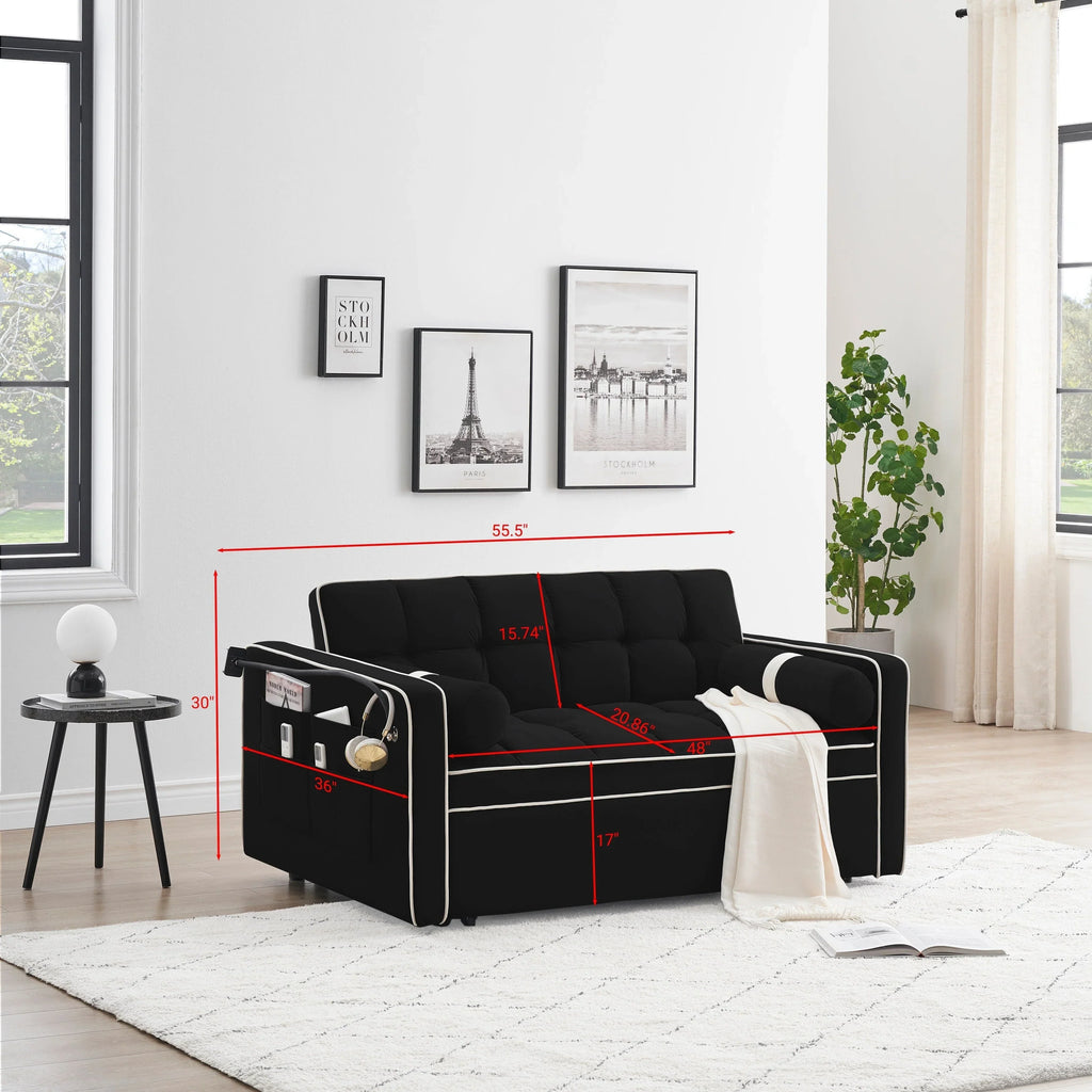 Samt-Schlafsofa zum Umbauen, 140 cm, 2-Sitzer, mit Ausziehbett, verstellbarer Rückenlehne, Seitentaschen und Handyhalterung
