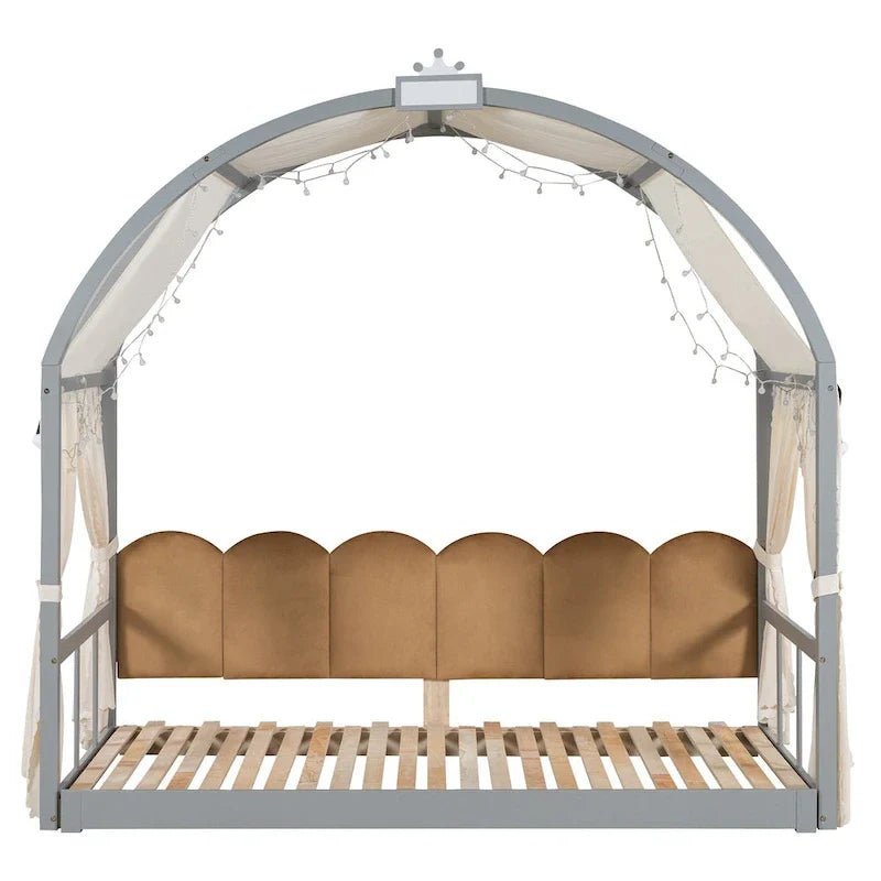 Massivholz-Spielhaus-Plattformbett, Montessori-Bettrahmen mit gewölbtem Dach und Ausziehbett für Mädchen und Jungen