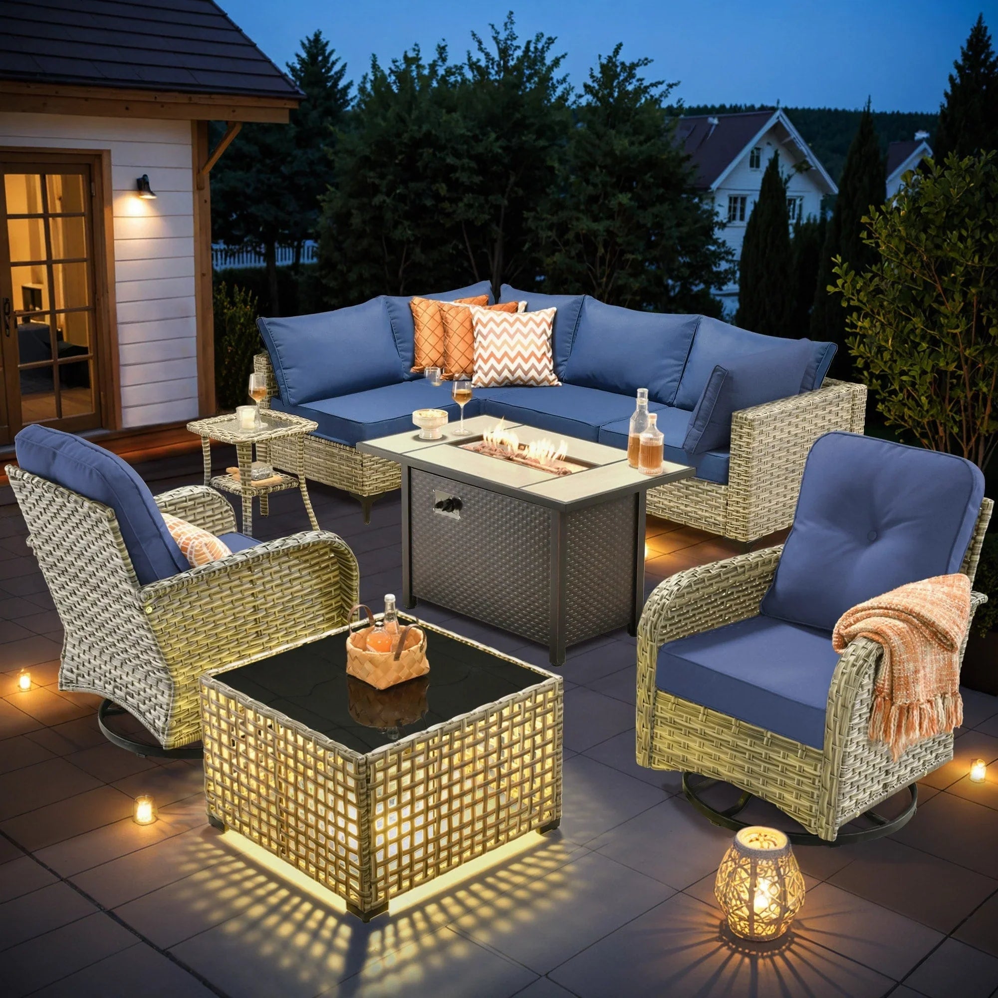 OVIOS 9-teiliges Gartenmöbel-Set aus Korbsessel und Feuertisch
