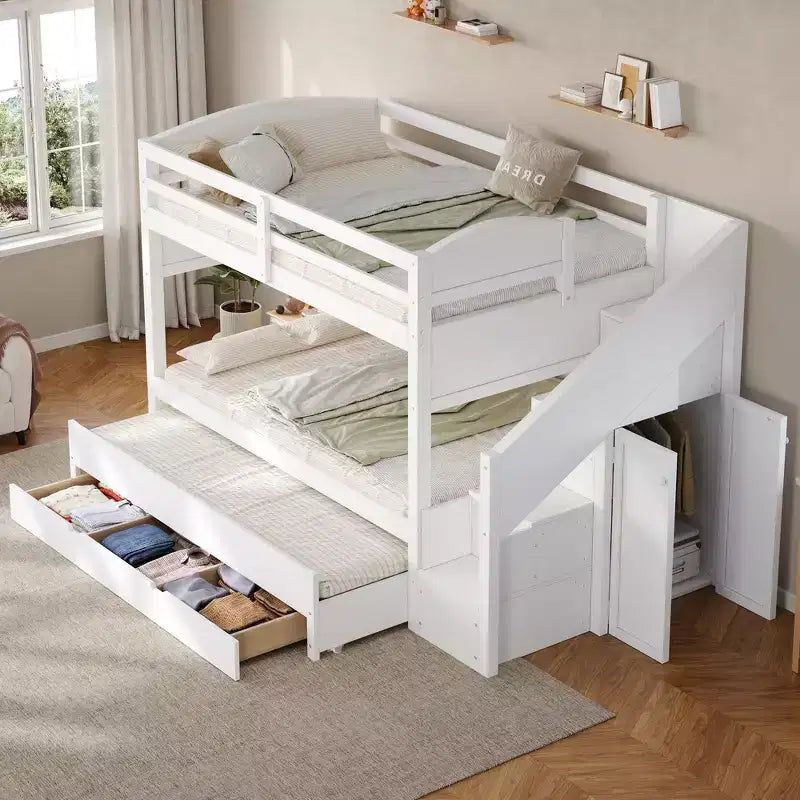Whisen Twin XL Etagenbett mit Ausziehbett, Etagenbett mit Stauraum, Etagenbett aus Massivholz, Treppe mit Stauraum, Kleiderschrank, 3 Schubladen, für Kinder