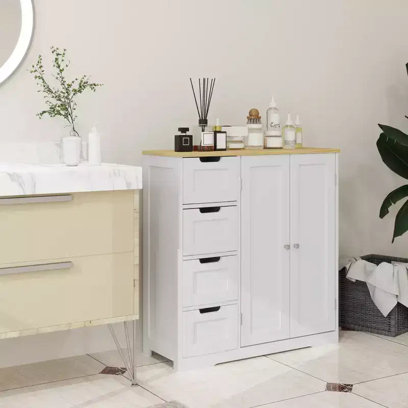 HOMCOM Badschrank mit verstellbarem Regal, freistehender Badezimmer-Aufbewahrungsschrank mit 4 Schubladen und 2 Türen, Weiß