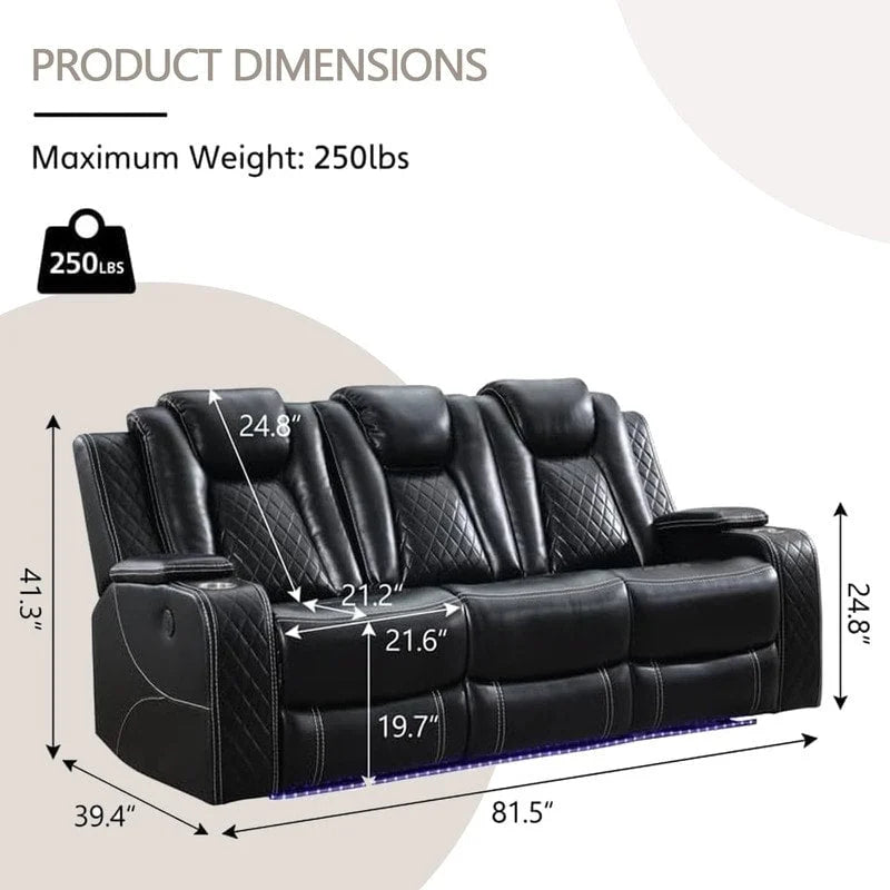 Elektrisches Relaxsofa mit kabellosem Ladegerät, Leselampe für das Wohnzimmer, Kunstleder-LED-Beleuchtung, AC/USB-Anschluss, Getränkehalter, Schwarz