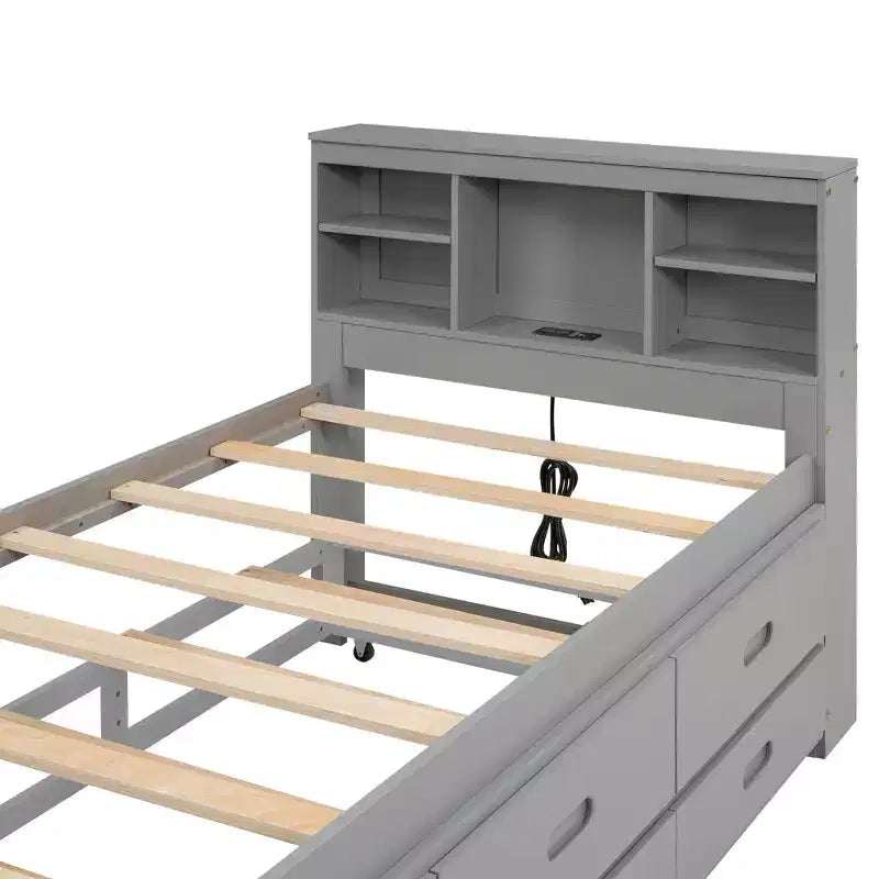 Plattformbett mit Rollbett und Schubladen, Stauraumbett mit USB-Anschluss, Holzbett mit Bücherregal