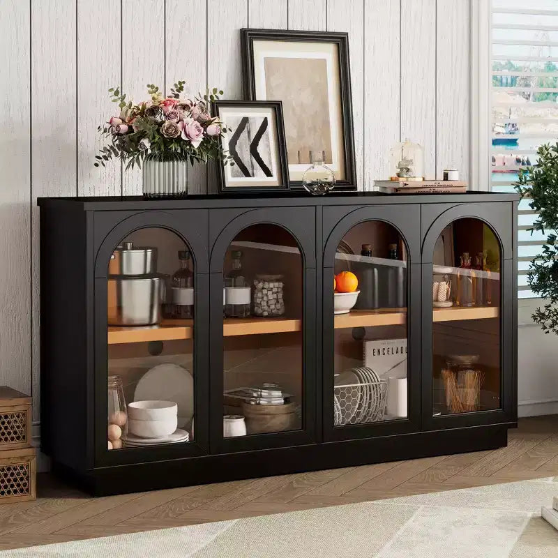 Großes 4-türiges Sideboard mit Glastüren, gewölbtes Sideboard mit verstellbaren Einlegeböden für die Küche