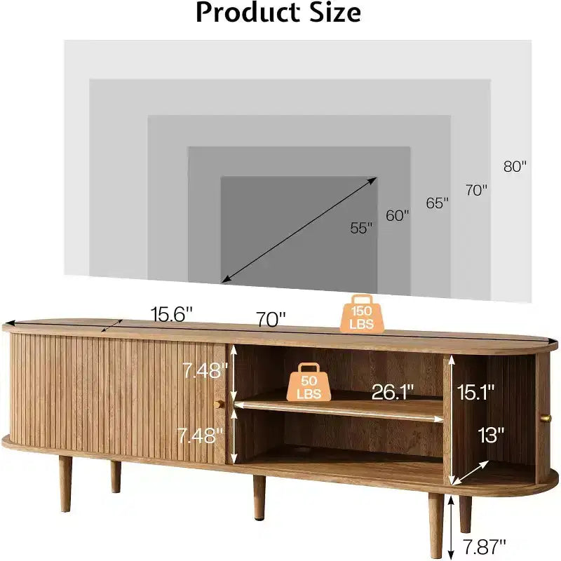 AMERLIFE 70 TV-Schrank mit Massivholzbeinen, Mid-Century Modern TV-Konsole mit Rolltür
