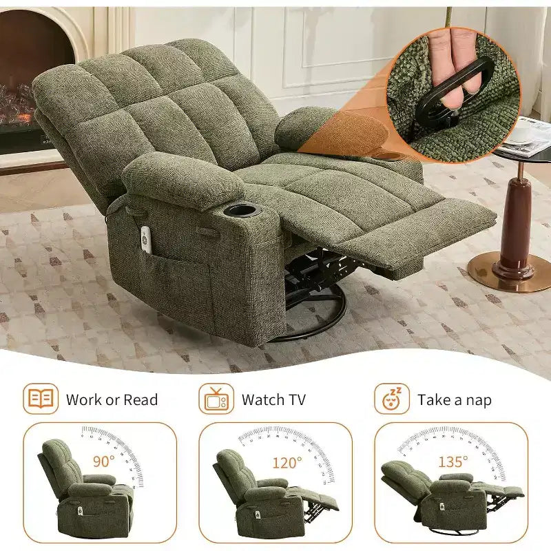 Übergroßer Relaxsessel für Erwachsene, Manueller Dreh-Schaukelsofa, Seitentaschen & Getränkehalter für Große und Schwergewichtige, Wohnzimmer