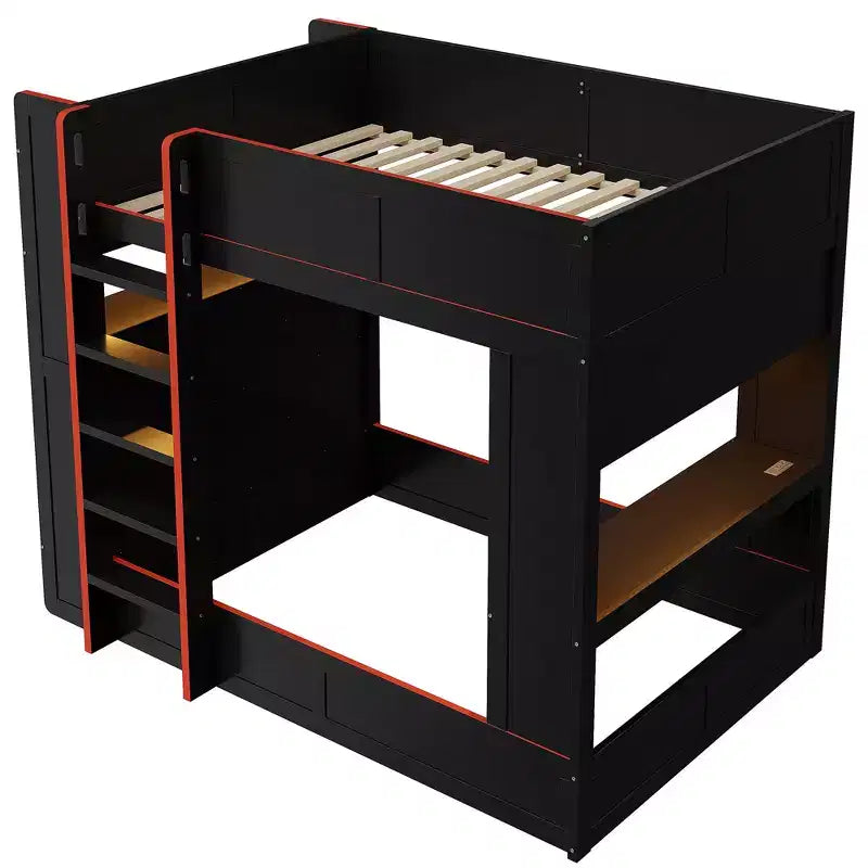 Holz-Gaming-Etagenbett in voller Größe mit integriertem Schreibtisch, Ablageregalen, 7-farbiger LED-Beleuchtung und Ladestation, Schwarz - ModernLuxe