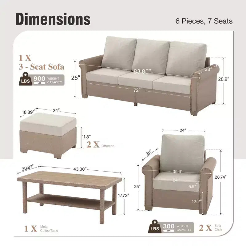 Captiva Designs 6-teiliges Luxus-Rattan-Sofa-Set für den Außenbereich mit geschwungenen Armlehnen und Kissen