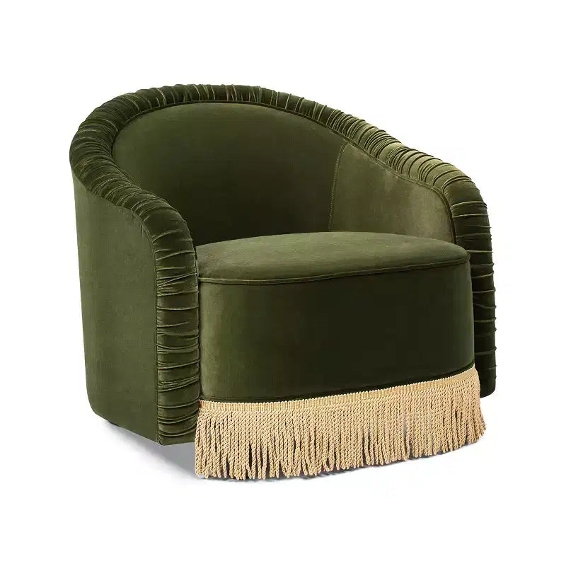 Jennifer Taylor Home Serena 31.5 Ruched Barrel Back Akzentsessel mit Bullion-Fransen, olivgrüner Performance-Samt