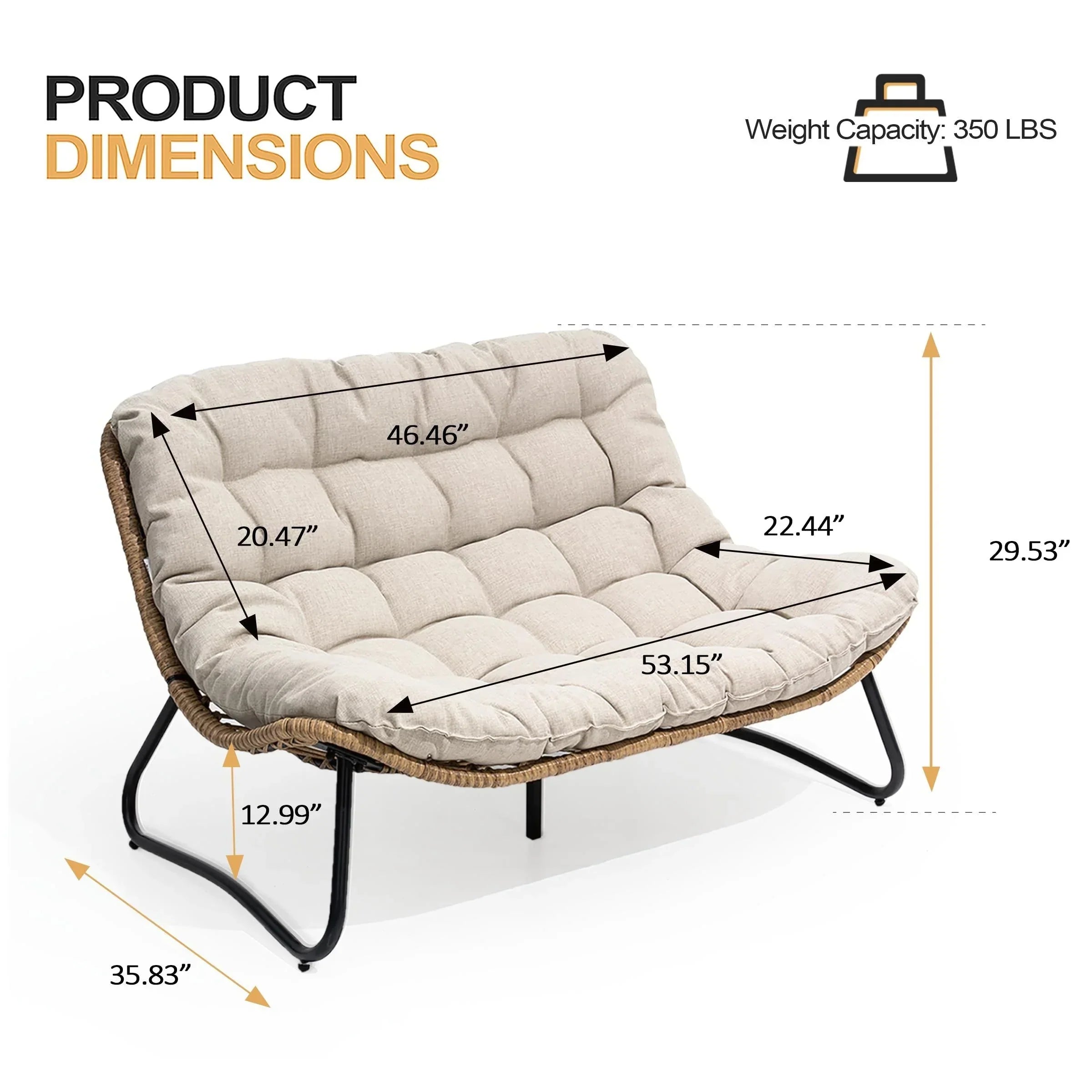 Doppelsessel Papasan mit Kissen, wetterfestes PE-Rattan und Metallrahmen für Innen- und Außenbereich