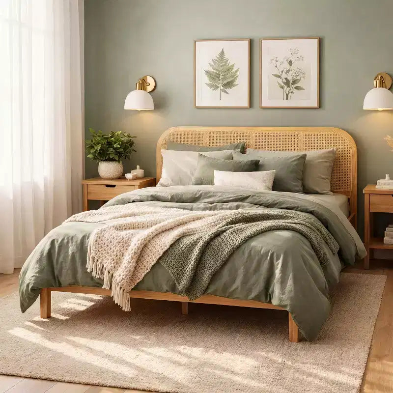 Christopher Knight Home Callahan Modernes Boho-Holz-Plattformbettgestell mit Rattan-Kopfteil