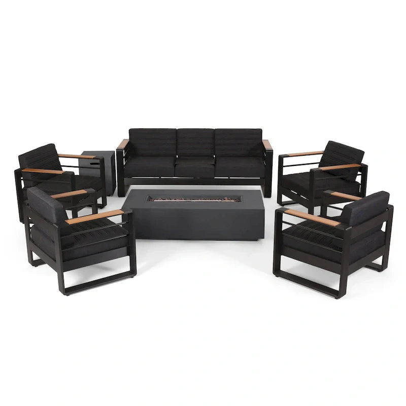 Giovanna Outdoor 7-Sitzer-Loungeset aus Aluminium mit Feuerstelle von Christopher Knight Home
