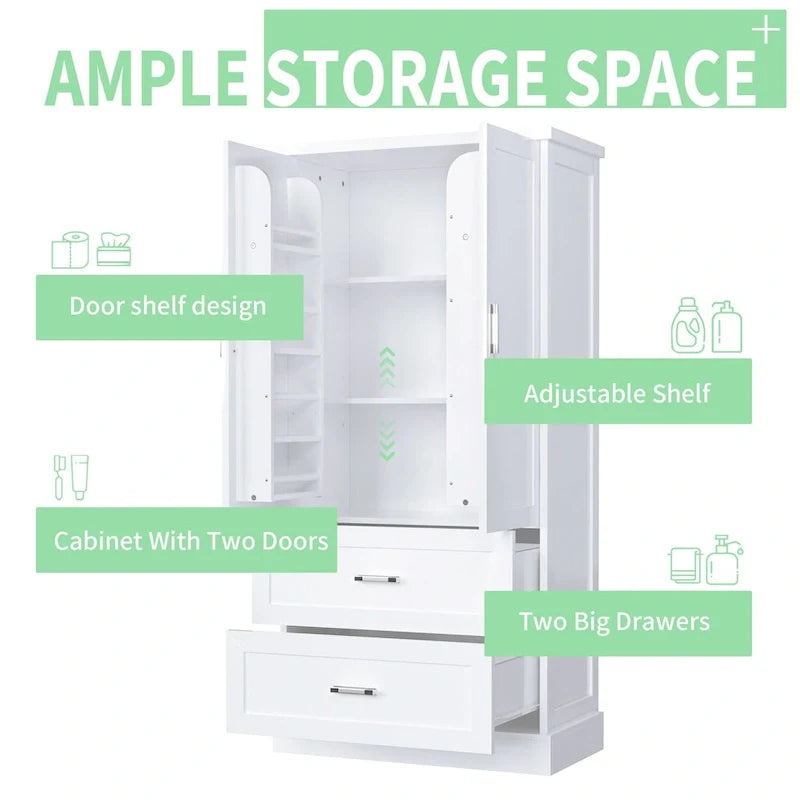 Hoher Badezimmerschrank, Schrank mit zwei Türen und Schubladen, verstellbarem Regal, MDF-Platte