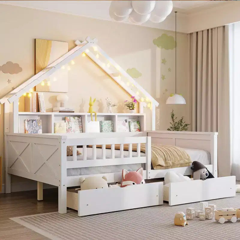 Hausbettgestell in voller Größe mit Schubladen, Haus-Plattformbett mit LED-Beleuchtung, Ablagefächern und Schubladen, Tagesbett aus Holz mit Dach und Geländer