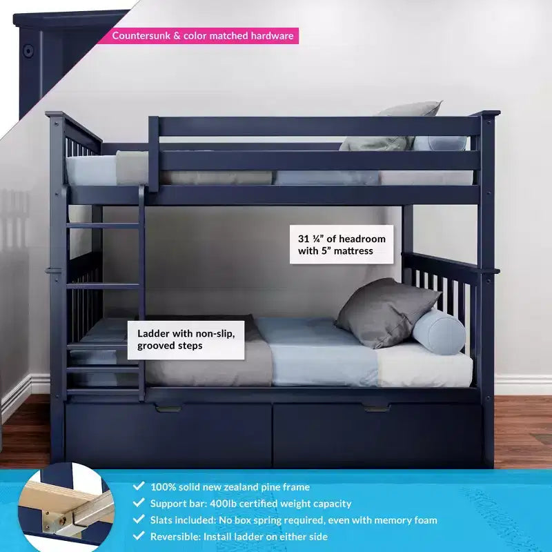 Massivholz-Etagenbett für Kinder (Twin über Twin) mit Schubladen unter dem Bett