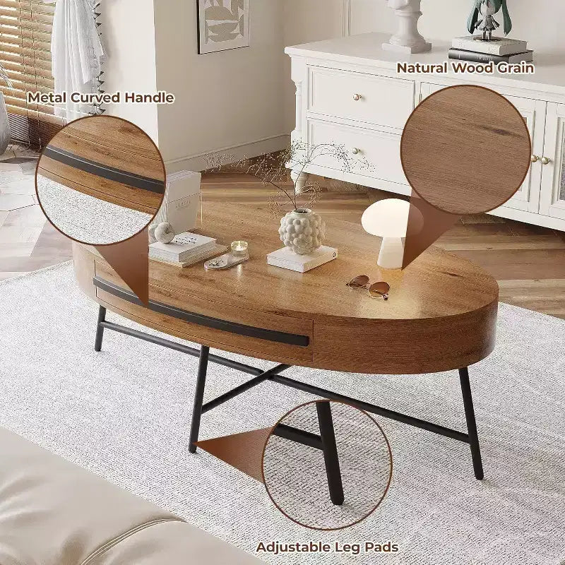 Acekool Ovaler Couchtisch mit Schublade, 120 cm Holz-Ablagetisch mit gekreuzten Metallbeinen, Mid-Century Modern Beistelltisch in Natur & Golden Willow