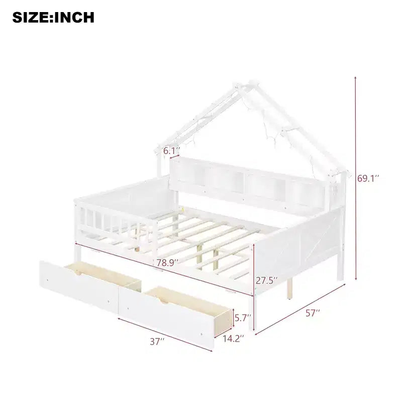 Hausbettgestell in voller Größe mit Schubladen, Haus-Plattformbett mit LED-Beleuchtung, Ablagefächern und Schubladen, Tagesbett aus Holz mit Dach und Geländer