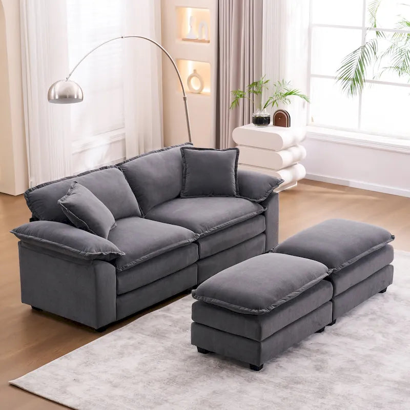 2-Sitzer-Sofa mit 2 Kissen, 2 Polstern und 2 Hockern, bequemes Sofa – Tiefes Wohnzimmersofa, Modulsofa