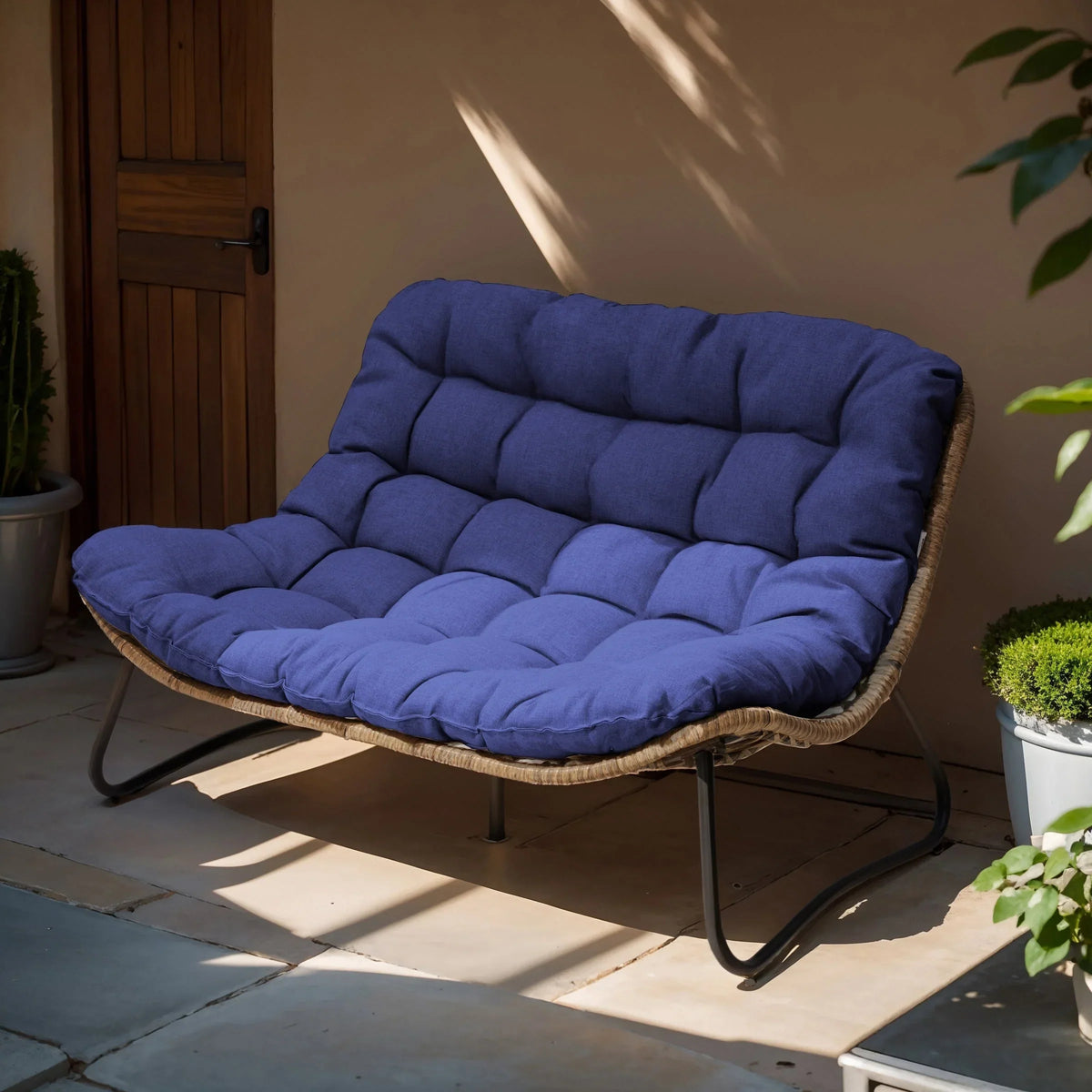 Doppelsessel Papasan mit Kissen, wetterfestes PE-Rattan und Metallrahmen für Innen- und Außenbereich