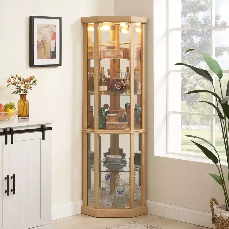 Eck-Vitrine mit Glastüren und Regalen, Eck-Schaukasten für das Wohnzimmer