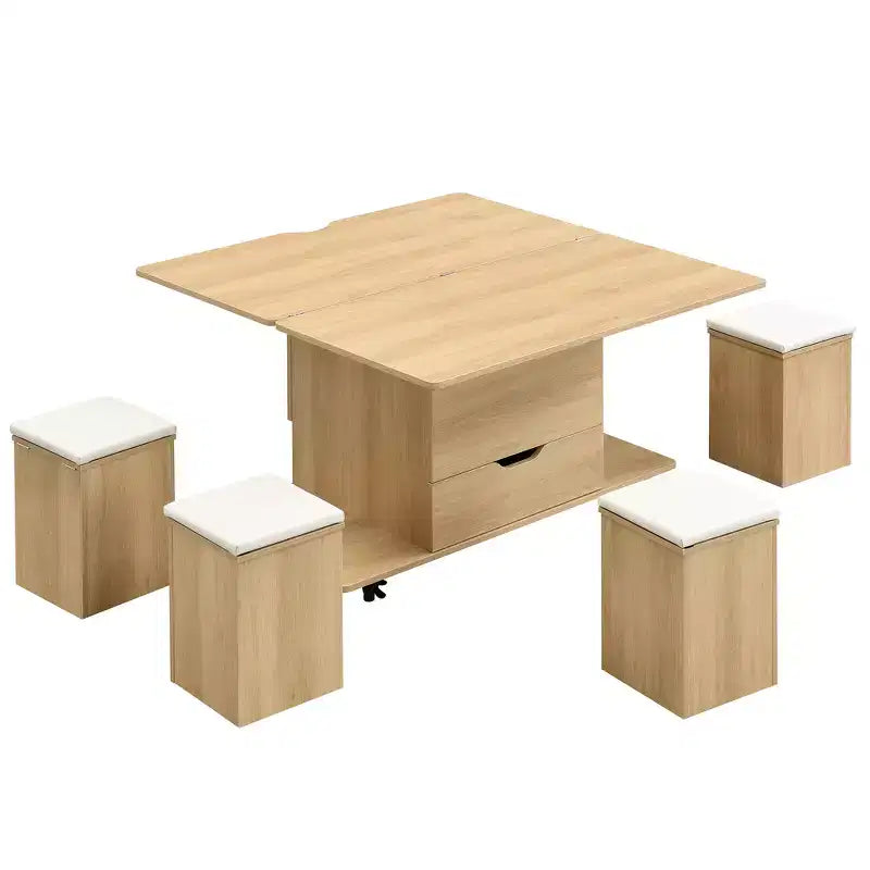 Multifunktionaler moderner Couchtisch mit Hebefunktion, verstecktem Stauraum, 4 Hockern und Rollen, perfekt für moderne Wohnbereiche