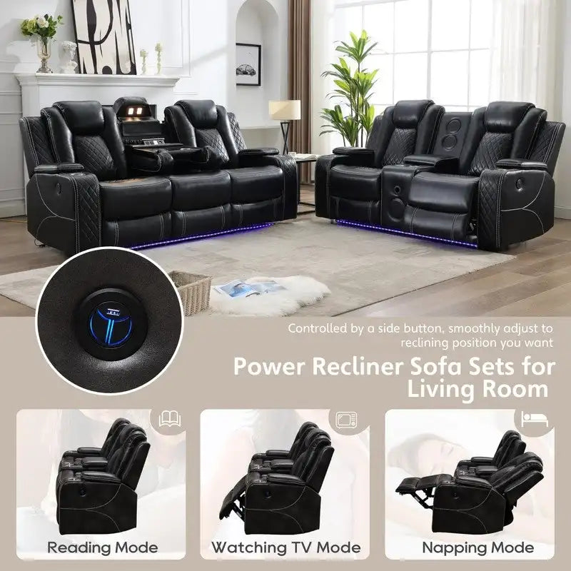 Elektrisches Relaxsofa mit kabellosem Ladegerät, Leselampe für das Wohnzimmer, Kunstleder-LED-Beleuchtung, AC/USB-Anschluss, Getränkehalter, Schwarz