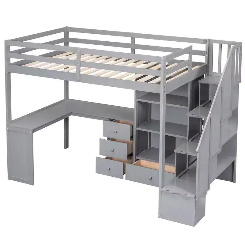 Hochbett in Twin-Größe mit L-förmigem Schreibtisch, 3 Schubladen, Schrank, Treppenstauraum, aus massivem Kiefernholz/MDF gefertigt