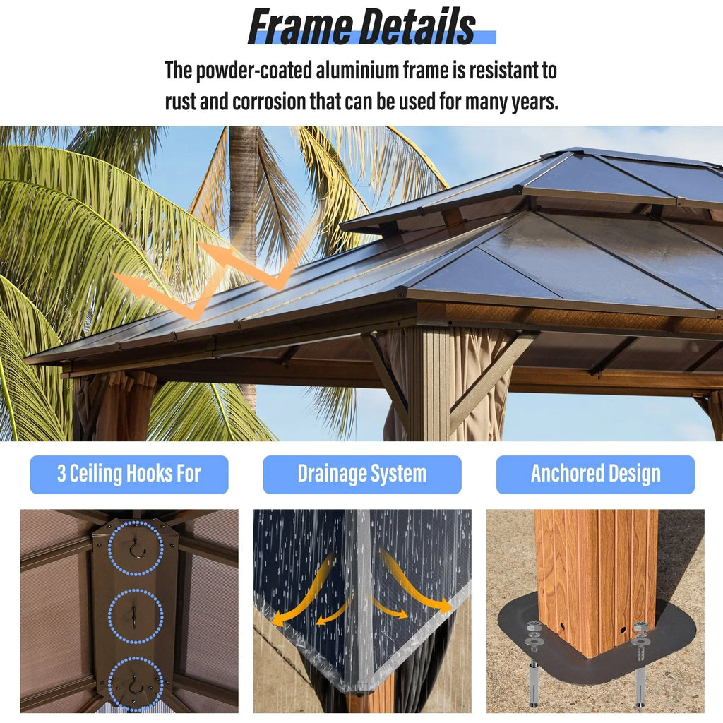 EROMMY Hardtop-Pavillon, Outdoor-Pergola mit Doppeldach & Netzen & Vorhängen, Hochleistungs-Canopy für Terrasse, Garten, Poolparty