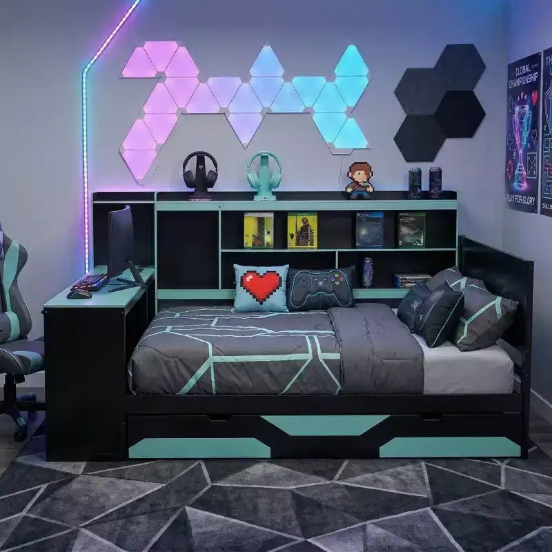 Gamer Hub Tagesbett mit Schreibtisch, RGB-Beleuchtung, Ladestation, Schubladen und Bücherregal-Kopfteil