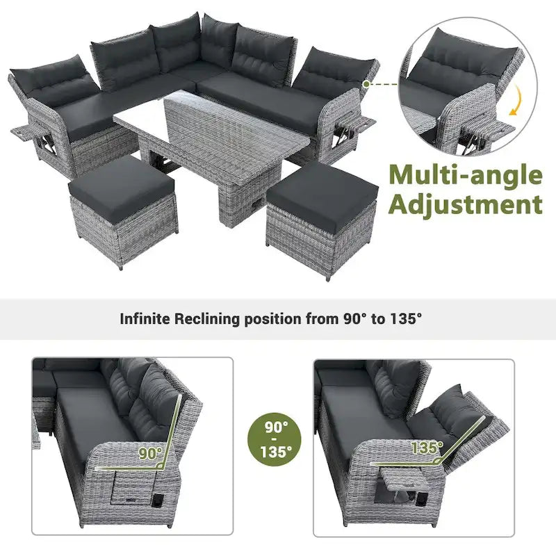 Outdoor-Rattan-Garnitur mit verstellbarem Tisch, Liegesesseln und 2 Hockern