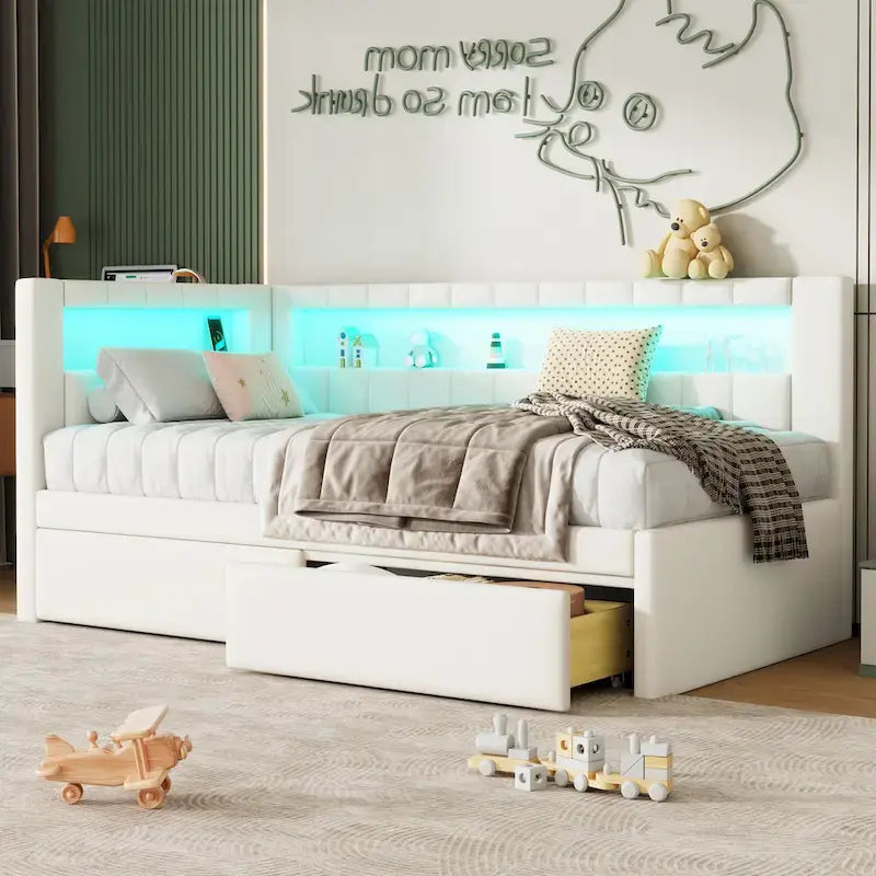 Gepolstertes Plattformbett mit USB-Anschlüssen & LED-Beleuchtung – Einzel-/Doppelbettgestell mit 2 Schubladen – Modernes Schlafzimmer