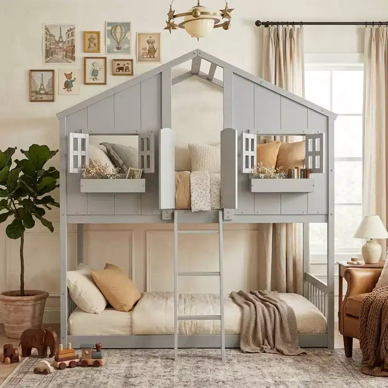 Doppel-Loftbett in Hausform, Holzspielhaus-Loftbett mit Leiter und Schutzgittern für Kinder