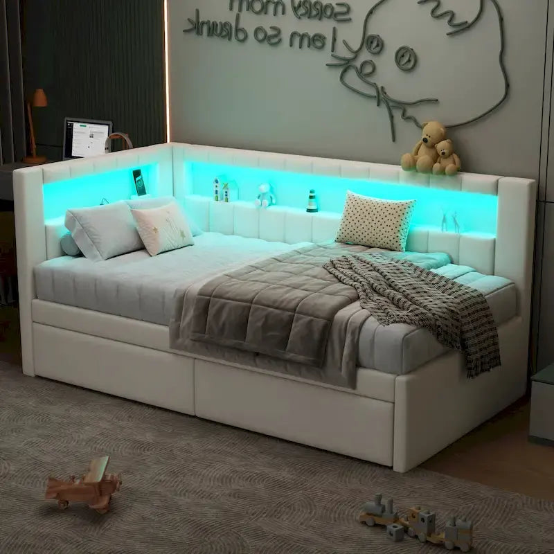 Gepolstertes Plattformbett mit USB-Anschlüssen & LED-Beleuchtung – Einzel-/Doppelbettgestell mit 2 Schubladen – Modernes Schlafzimmer