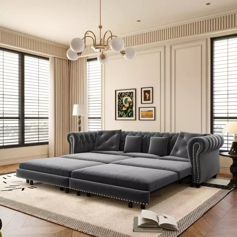 Whisen Velvet 3-in-1 Schlafsofa und wandelbares Schlafsofa im Kingsize-Format mit ausziehbarem Ottomane, getuftetem Design