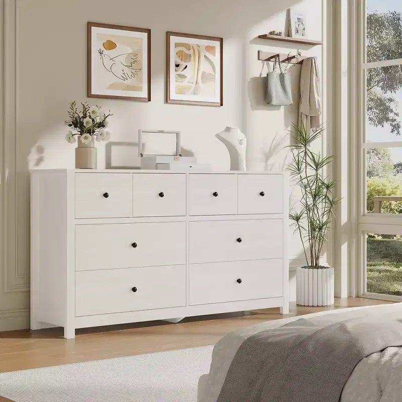 Moderne Kommode mit 8 Schubladen für das Schlafzimmer, breite Holzkommode mit viel Stauraum, freistehender Organizer-Schrank für das Wohnzimmer