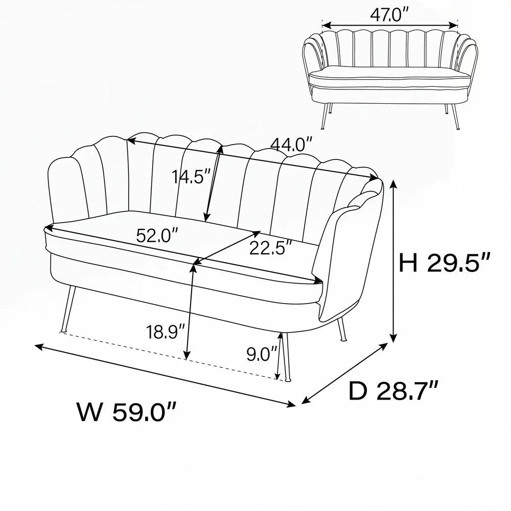 Kleines Mini-Zimmer-Sofa Zweisitzer mit Goldmetallfüßen - 2 Sitzer