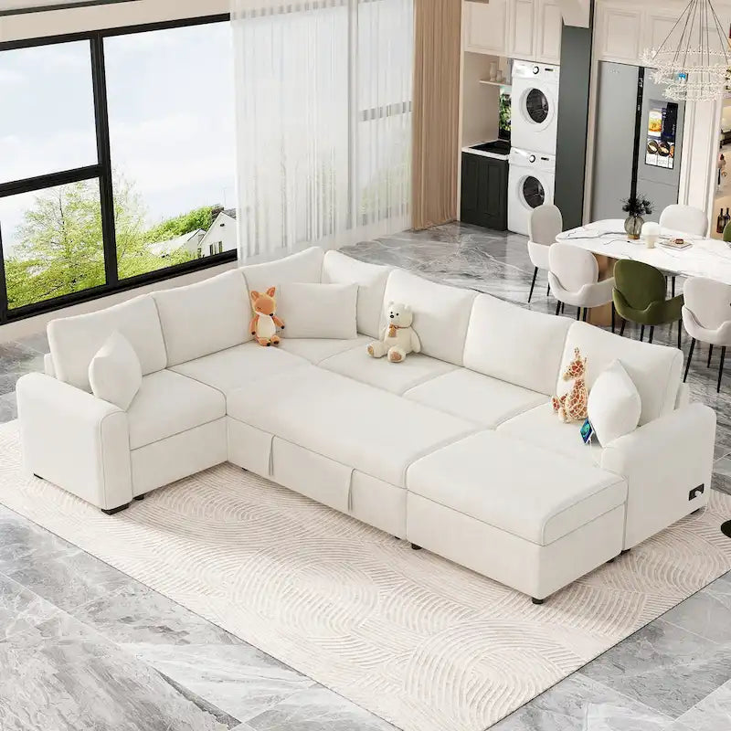 Chenille Ecksofa mit Ausziehfunktion, L-förmiges Schlafsofa mit Stauraum-Ottomane, 3 Kissen und Ladevorrichtungen