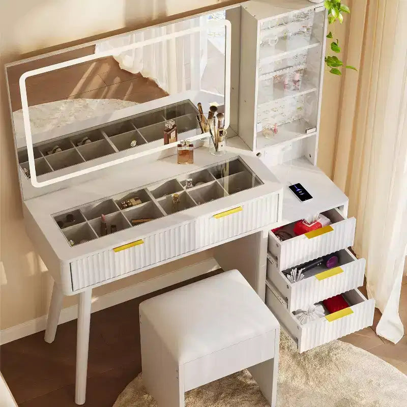 48" Schminktisch mit geriffelter Optik, großem Spiegel und Lichtern, moderner Schminktisch mit Ladestation und gepolstertem Aufbewahrungshocker für Zuhause