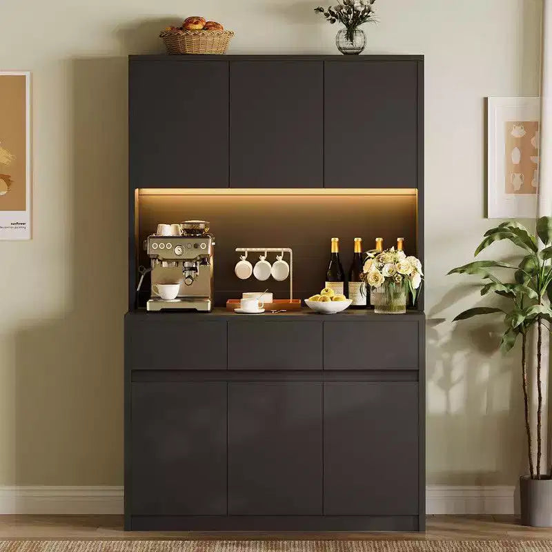 71 Zoll Küchenschrank, Aufbewahrungsschrank mit LED-Beleuchtung und Steckdosen, Buffet-Schrank mit Mikrowellenständer, verstellbare Regalböden
