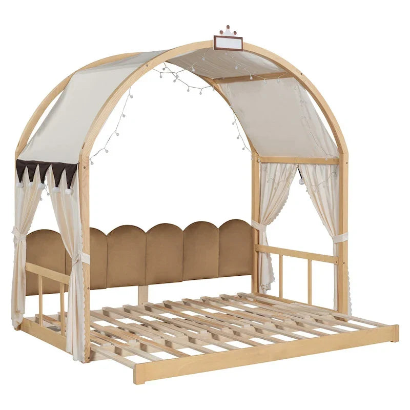 Massivholz-Spielhaus-Plattformbett, Montessori-Bettrahmen mit gewölbtem Dach und Ausziehbett für Mädchen und Jungen