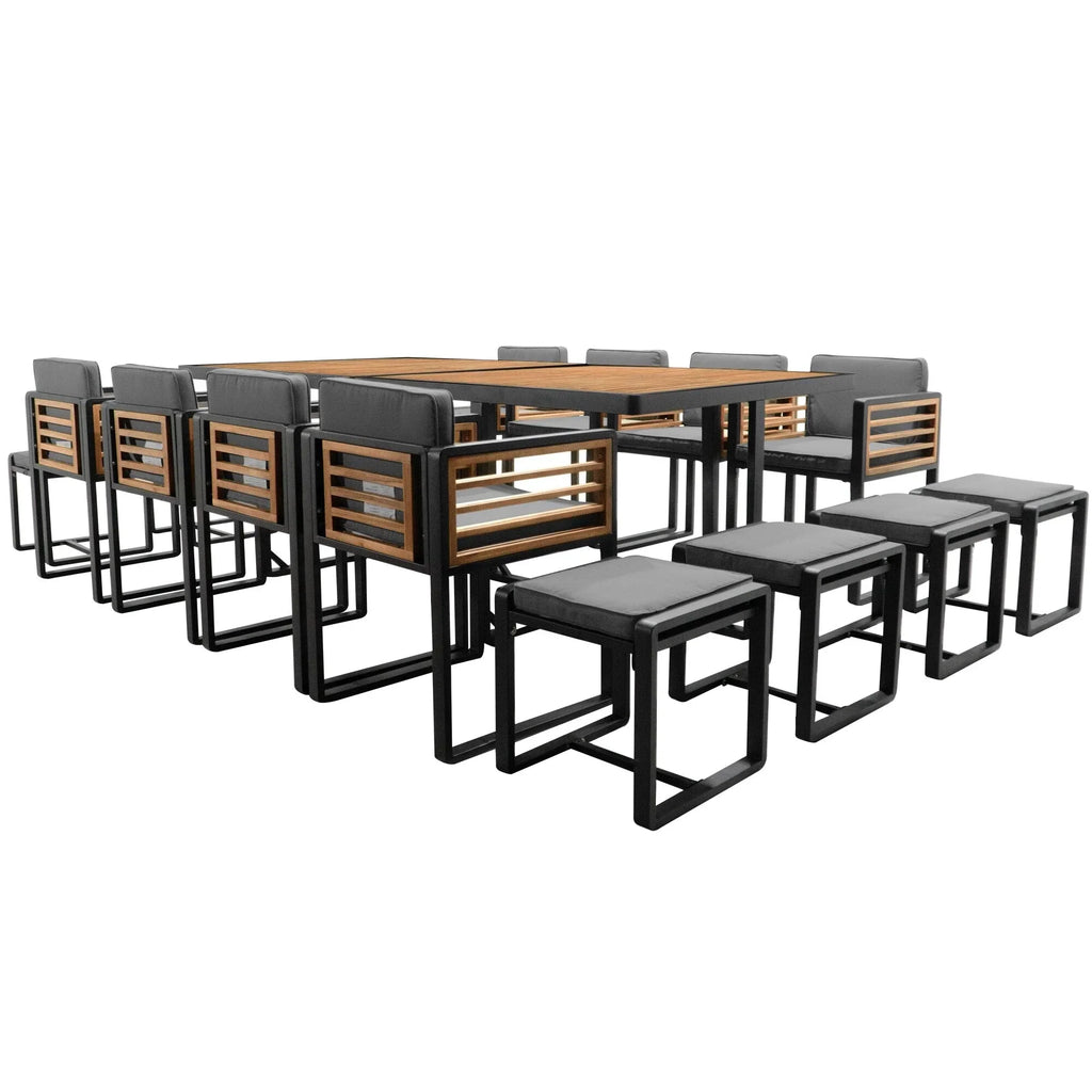 18-teiliges Terrassen-Essgruppen-Set aus Akazienholz, 8 gepolsterte Stühle & 8 Hocker & 2 quadratische Tische