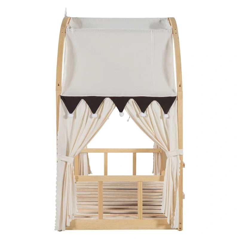 Massivholz-Spielhaus-Plattformbett, Montessori-Bettrahmen mit gewölbtem Dach und Ausziehbett für Mädchen und Jungen